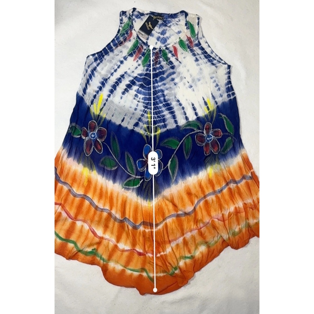 Seerat Womens Tie Dye Floral Embroidered Sleeveless Tunic Dress Orange Blue NEW - Picture 6 of 7